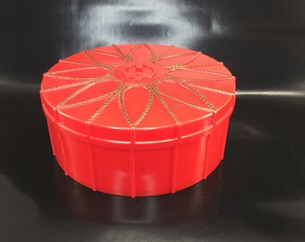 Red Round Divided Sewing Kit Container — c1950s
