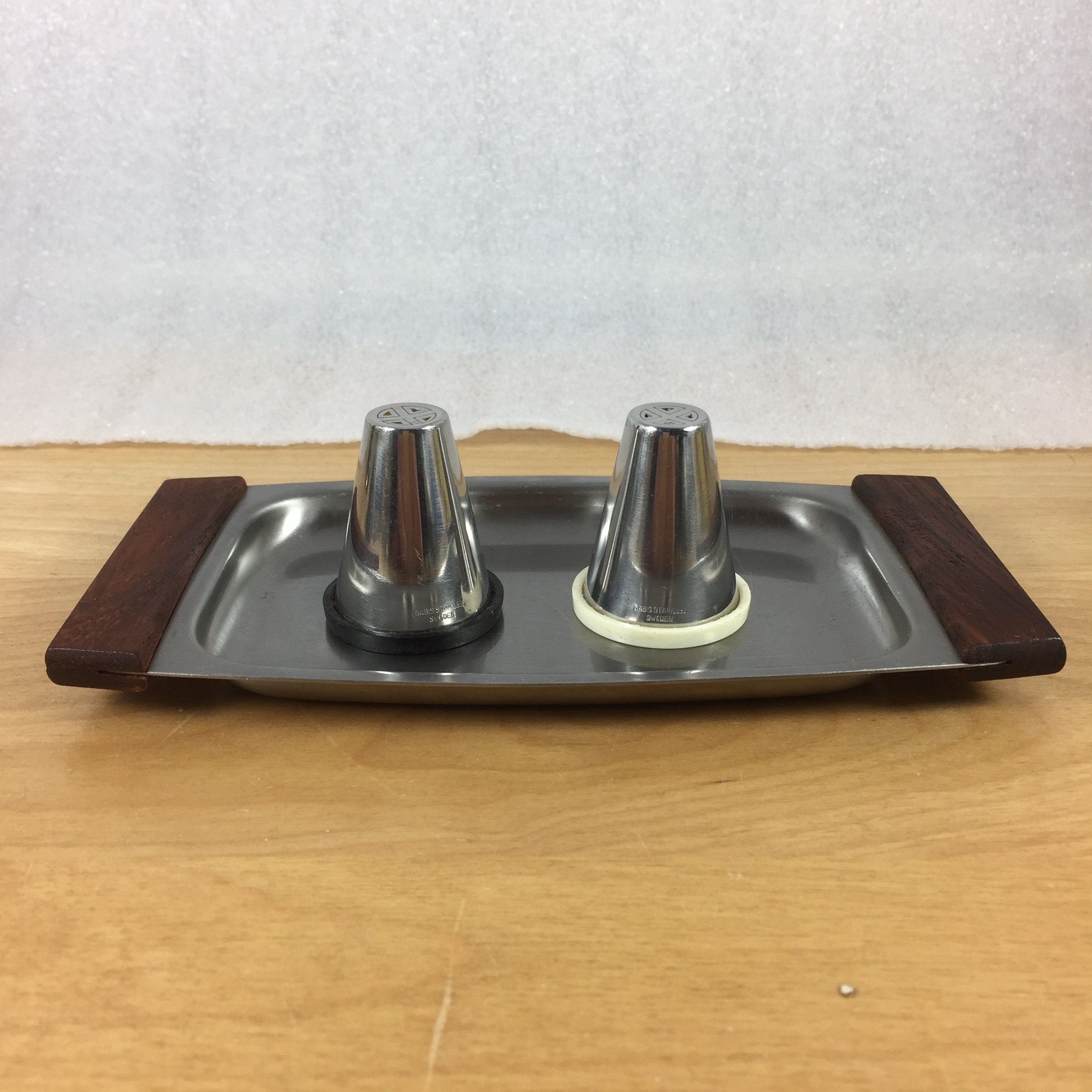 MCM Gabis Stainless Salt and Pepper Shakers plus ELPO Teak Stainless Tray