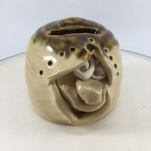 May include: A ceramic piggy bank with a brown glaze and a white tongue sticking out. The piggy bank has a hole in the top for coins.