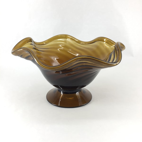 Hand Geblazen Amber Glass Compote Pedestal Dish - c1970s