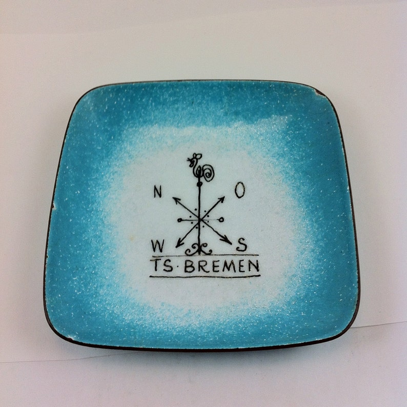 Enamel Ashtray Dish from the North German Lloyds TS BREMEN Cruise Ship \u2014 c1957