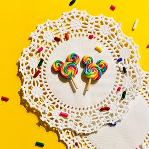 Magical Rainbow Lollipop Earrings | Clay Earrings | Stud | Clip On | Snack Collection