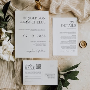 Wedding Invitation with QR Code, Minimal Wedding Invite Suite, Modern Invite, Simple Editable Invite Template, wedding invite canva Template