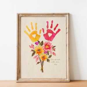 Valentine handprint art birthday craft activity floral bouquet mothers day grandma flower DIY kids children toddler baby printable