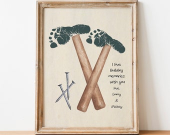 Footprint Handprint Art, Father's Day Gift from child, Personalized Diy Handprint Art, Grandpa Handprint Art, Hammer Handprint Art