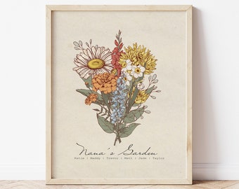 Birth Flower Bouquet Personalized Gift Grandma Birthday Mom Birthday Gift  Printable Gift Personalized Garden Print Birth Month Flower Art