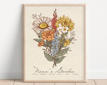 Birth Flower Bouquet Personalized Gift Custom Printable Gift Personalized Garden Print Mothers Day Gift for Grandma Birth Month Flower Art .