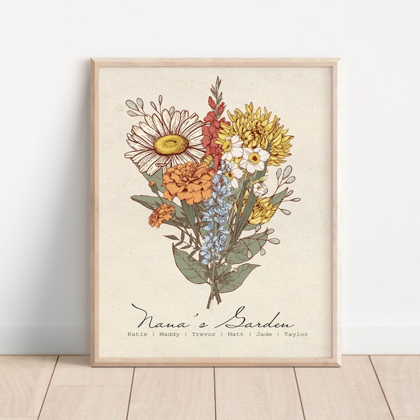 Birth Flower Bouquet Personalized Gift Custom Printable Gift Personalized Garden Print Mothers Day Gift for Grandma Birth Month Flower Art .