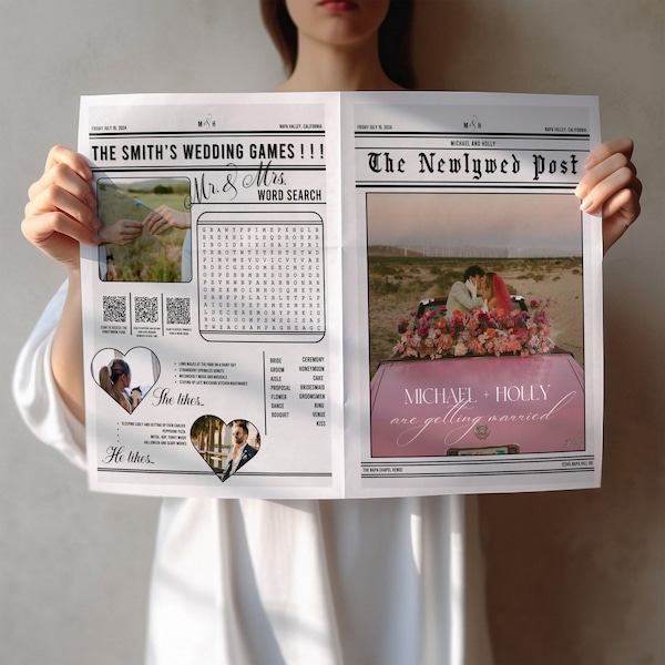 Wedding Newspaper Canva Edit, Folded Large News Paper Program Template, Infographic Photo Invitation DIY Printable Instant Digital Download