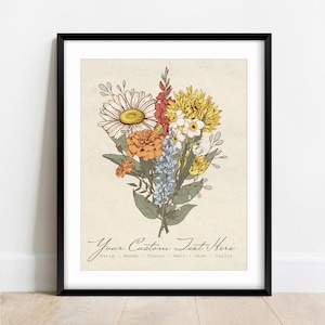 Pu&ograve; includere: Una stampa d'arte stampabile con un bouquet di fiori colorati in stile vintage. I fiori sono disegnati in uno stile realistico e includono margherite, garofani e altri fiori selvatici. La stampa ha uno sfondo beige e il testo "Your Custom Text Here" &egrave; scritto sotto i fiori. Il testo sotto i fiori dice "Katie | Maddy | Trevor | Matt | Jade | Taylor".