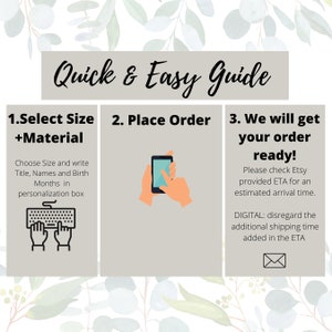 Pu&ograve; includere: Una guida in tre passaggi per ordinare un prodotto personalizzato. I passaggi sono: 1. Seleziona dimensione + materiale, 2. Effettua l'ordine, e 3. Prepareremo il tuo ordine! La guida include istruzioni per scegliere la dimensione e il materiale, effettuare un ordine e controllare il tempo di consegna stimato. La guida menziona anche che per i prodotti digitali, il tempo di spedizione deve essere ignorato.