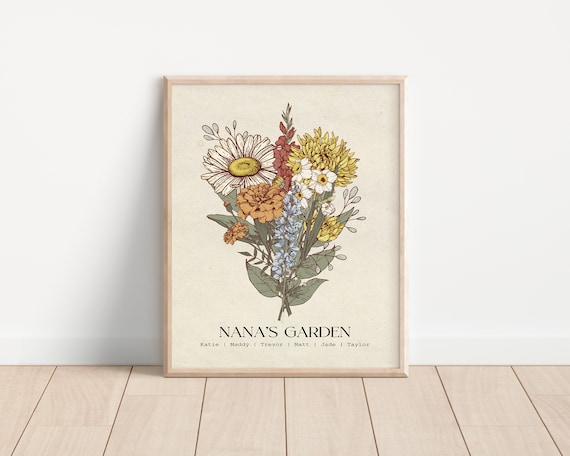 Birth Flower Bouquet Personalized Gift Custom Printable Gift Personalized Garden Print Mothers Day Gift for Grandma Birth Month Flower Art