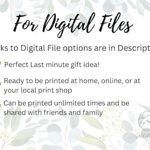 Pu&ograve; includere: Un grafico a forma di cuore verde con il testo "For Digital Files" in nero. Il testo "Links to Digital File options are in Description" &egrave; sotto il titolo. Il testo "Perfect Last minute gift idea!" &egrave; sotto la descrizione. Il testo "Ready to be printed at home, online, or at your local print shop" &egrave; sotto il testo dell'idea regalo dell'ultimo minuto. Il testo "Can be printed unlimited times and be shared with friends and family" &egrave; sotto il testo della tipografia. Un grafico a forma di cuore verde &egrave; a sinistra di ogni riga di testo. Un logo con il testo "Gobble Rock Designs" &egrave; nell'angolo in basso a destra dell'immagine.