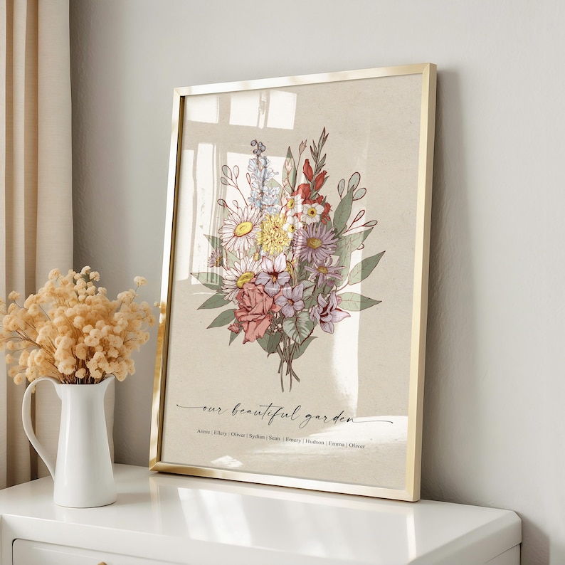 Pu&ograve; includere: Uno sfondo beige con un bouquet di fiori colorati al centro. Il testo "our beautiful garden" &egrave; scritto sotto i fiori, seguito da un elenco di nomi.