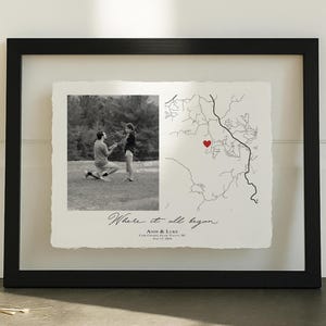 May include: Framed black and white photo of a marriage proposal, with a map and a red heart. The text "Where it all began" is written below the photo. The map shows a location with a heart marking a spot.