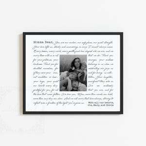 May include: A framed wall art piece featuring a black and white photograph of a person with three children at the center, surrounded by a long, handwritten-style letter addressed to Momma Bear, signed by Joe, Mary, and Stevie in black ink.
