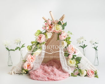 新生児のデジタル背景をすぐにダウンロード！ボヘミアン ティーピー！花柄のティーピー デジタル背景