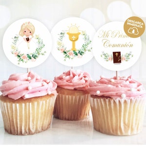 Cupcake primera comunhão topper comunión niña imprimible recuerdo torta pastel adesivos comunhão primeira comunhão menina espanhol descarga 250