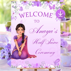 Puede incluir: Un letrero de bienvenida para la "Ceremonia de Medio Sari de Anaya" sobre un caballete de madera. El letrero es lavanda con detalles florales y mariposas. Presenta una ilustración de una niña con un sari morado y rosa. El texto está en cursiva.