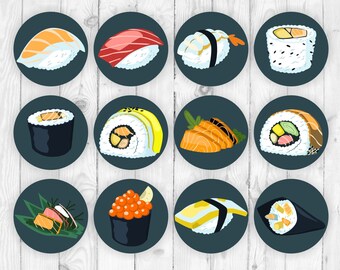 Sushi cupcake toppers printable sushi party toppers birthday toppers japanese cupcake toppers sushi topper sushi birthday stickers 224