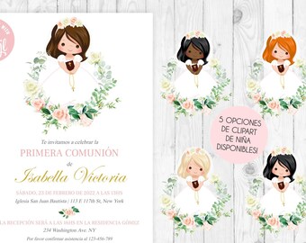 Invitacion de comunion niña imprimible fiesta primera comunion nina invitacion rosa 最初の聖体拝領 スペイン語の聖体拝領の女の子 スペイン語 250
