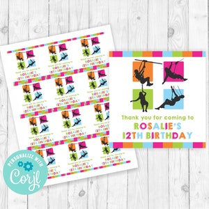 May include: Printable favor tags or stickers with a colorful design featuring a silhouette of a person climbing a rope. The text on the tags reads 'Thank you for coming to Rosalie's 12th Birthday'. The tags are customizable with Corjl.  The tags are available for download now.