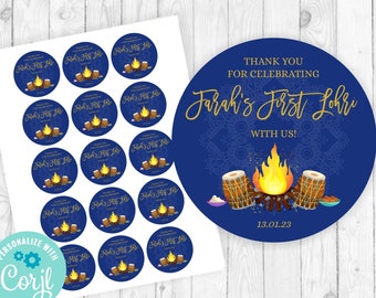 May include: Sheet of round stickers and a large round sticker with a navy blue background. The stickers feature a bonfire illustration with text that reads "Farah's First Lohri". The large sticker says "Thank you for celebrating Farah's First Lohri with us!"