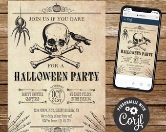 Modello di invito di Halloween invito di Halloween invito teschio digitale vintage invito festa per adulti di Halloween per adolescenti inviti di Halloween 133