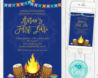 May include: A blue and gold printable invitation for a baby's first Lohri celebration. The invitation features a bonfire, drums, and the text "Aarav's First Lohri".