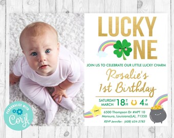 Lucky One First Birthday Invitation St Patricks Birthday Invitation Printable St Patricks Day Invite Rainbow Girl First Birthday Invite 235