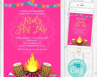 May include: A hot pink printable invitation for "Jarah's First Lohri" celebration. The design includes a bonfire, drums, and text in yellow and white. A smartphone displays the invitation. The invitation is available to edit and download.