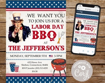 Labor day invitation labor day bbq invitation template labor day party Uncle Sam invite labor day birthday cookout labor day printable flyer