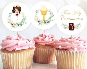 First Communion Cupcake Toppers Printable Communion Toppers Girl First Communion Party Decor 1st Communion Girl Communion Pink Communion 250