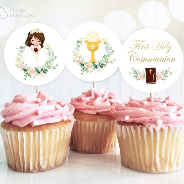 First Communion Cupcake Toppers Printable Communion Toppers Girl First Communion Party Decor 1st Communion Girl Communion Pink Communion 250