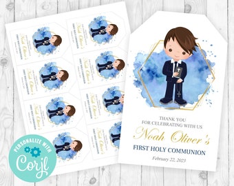 Boy Communion favor tags editable first communion tags communion tags template boy communion labels 1st communion tags christening tags 349