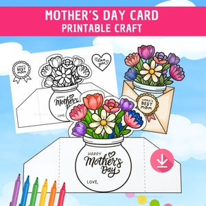 Könnte beinhalten: Ein druckbares Bastelprojekt zum Muttertag mit einer Karte mit einem Blumendesign. Die Karte enthält den Text "Happy Mother's Day" und "Love". Das Bild zeigt auch farbige Marker und die Worte "World's Best Mom".