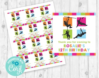 Zipline Tags Zipline Favor Tags Zipline Template Stickers Birthday Zip Line Party Invitation Girl Zip Line Birthday Invite Zipline Party 303