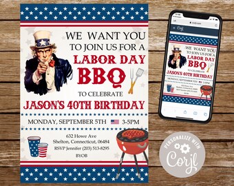 Labor day birthday invitation labor day bbq invitation labor day invite template labor day party flyer barbecue labor day Uncle Sam poster