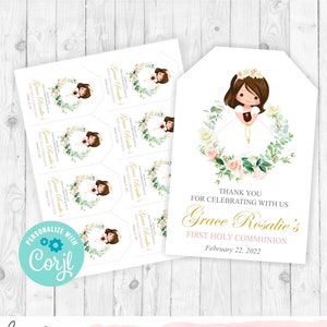 May include: Printable favor tags or stickers featuring a girl in a white dress with a floral wreath. The text reads "Thank you for celebrating with us Grace Rosalie's First Holy Communion February 22, 2022".