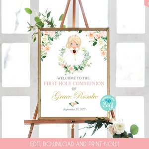 Girl First Communion Sign Printable Communion Welcome Sign Blonde Girl Communion Decor 1st Communion Welcome Sign Template Blue Eyes 250