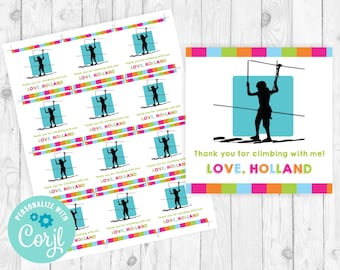 Ropes Course Favor Tags Obstacle Course Birthday Favors Girl Zipline Invitation Rock Climbing Party Stickers Template Outdoor Adventure 303