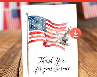Veteran Thank You Card Printable Veterans Day Card Memorial Day Card Thank You For Your Service Card Watercolor Flag Patriotic Cards