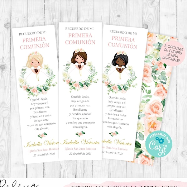 Señalador comunión tarjeta comunion niña editable recuerdo primera comunion niña invitacion first communion girl spanish bookmark favor 250