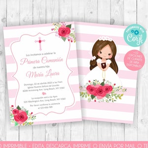 Invitacion de Comunion Niña Imprimible Primera Comunion Invitacion Rosa First Communion Girl In Spanish Comunion en Español Digital File 179