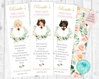 First Communion Bookmark Favor Printable Girl Communion Bookmark Template Girl First Holy Communion Gifts Custom First Communion Favors 250