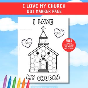 以下が含まれることがあります： 十字架のある教会、2つのハート、そして「I LOVE MY CHURCH」という文字が描かれた、白黒のドットマーカー用アクティビティページ。ドットマーカー用の円形のアウトラインと、テキストが記載された赤い円形のバッジが含まれています。
