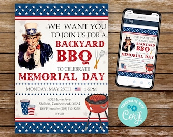Invitación de barbacoa para el Día de los Caídos, invitación imprimible para el Día de los Caídos, invitación para fiesta del Día de los Caídos, invitación para el Día del Trabajo, invitación para barbacoa del Día de los Caídos