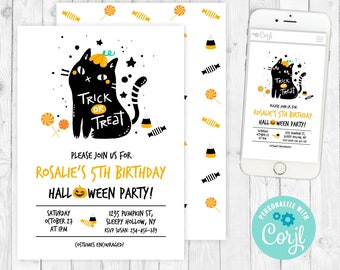 Cat Halloween Birthday Invitation Printable Girl Halloween Invitation Black Cat Girl Halloween Party Invite Kids Halloween Invitation 133