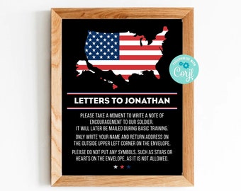 May include: Printable sign with a black background and a red, white, and blue American flag outline. The text reads "Letters to Jonathan" and includes instructions for writing letters to a soldier.