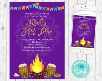 Indian Lohri invitation digital download Indian birthday Sikh invitation Punjabi invite Lohri invite digital lohri download Lohri evite 300